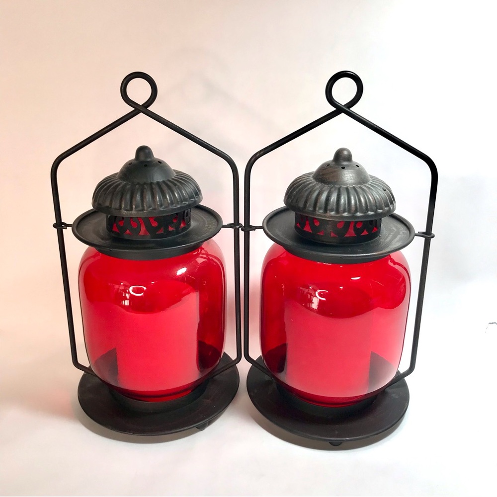 Red Glass Black Metal Battery Operated Candle Lanterns
